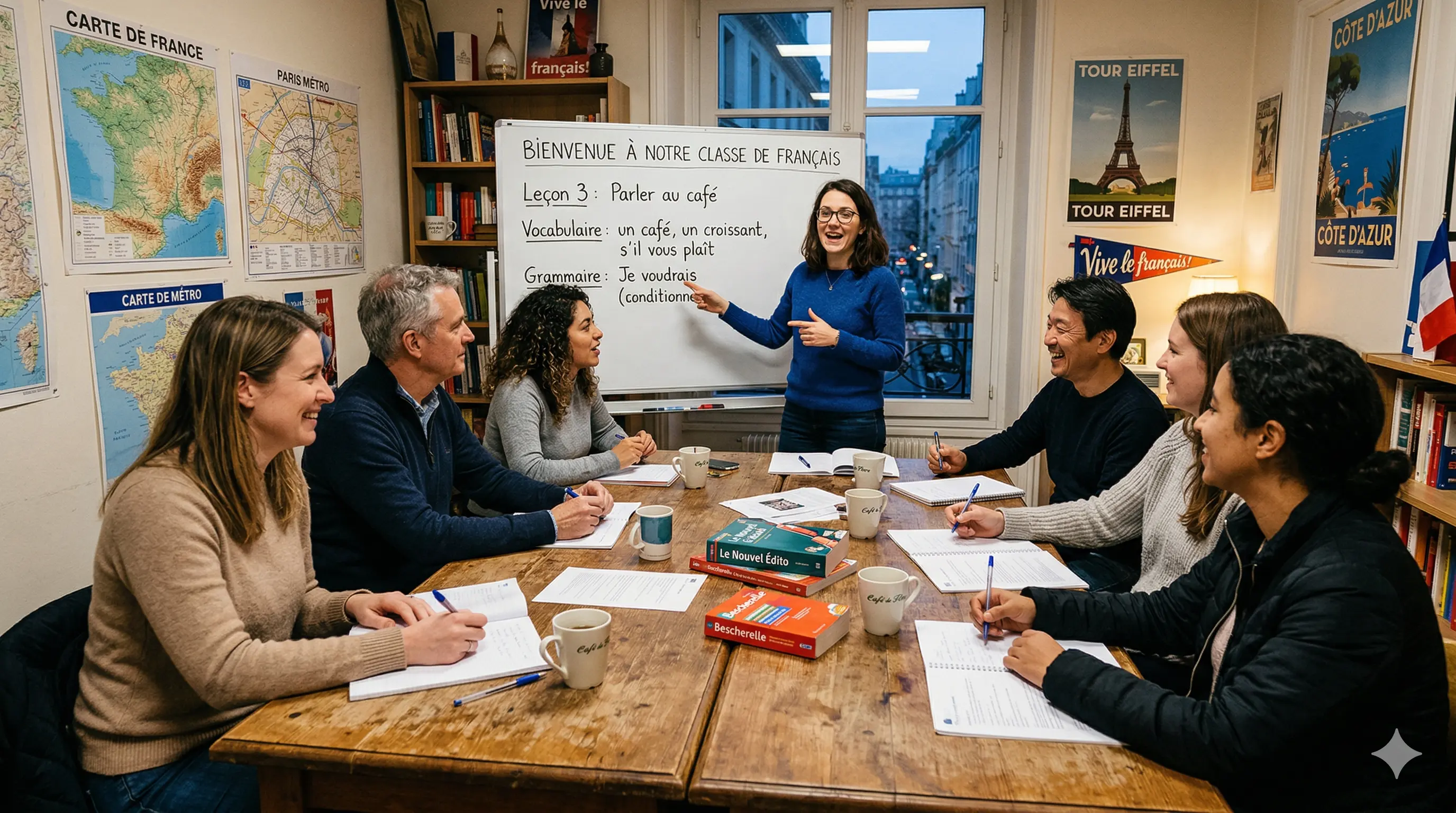 Adult students learning French in a classroom